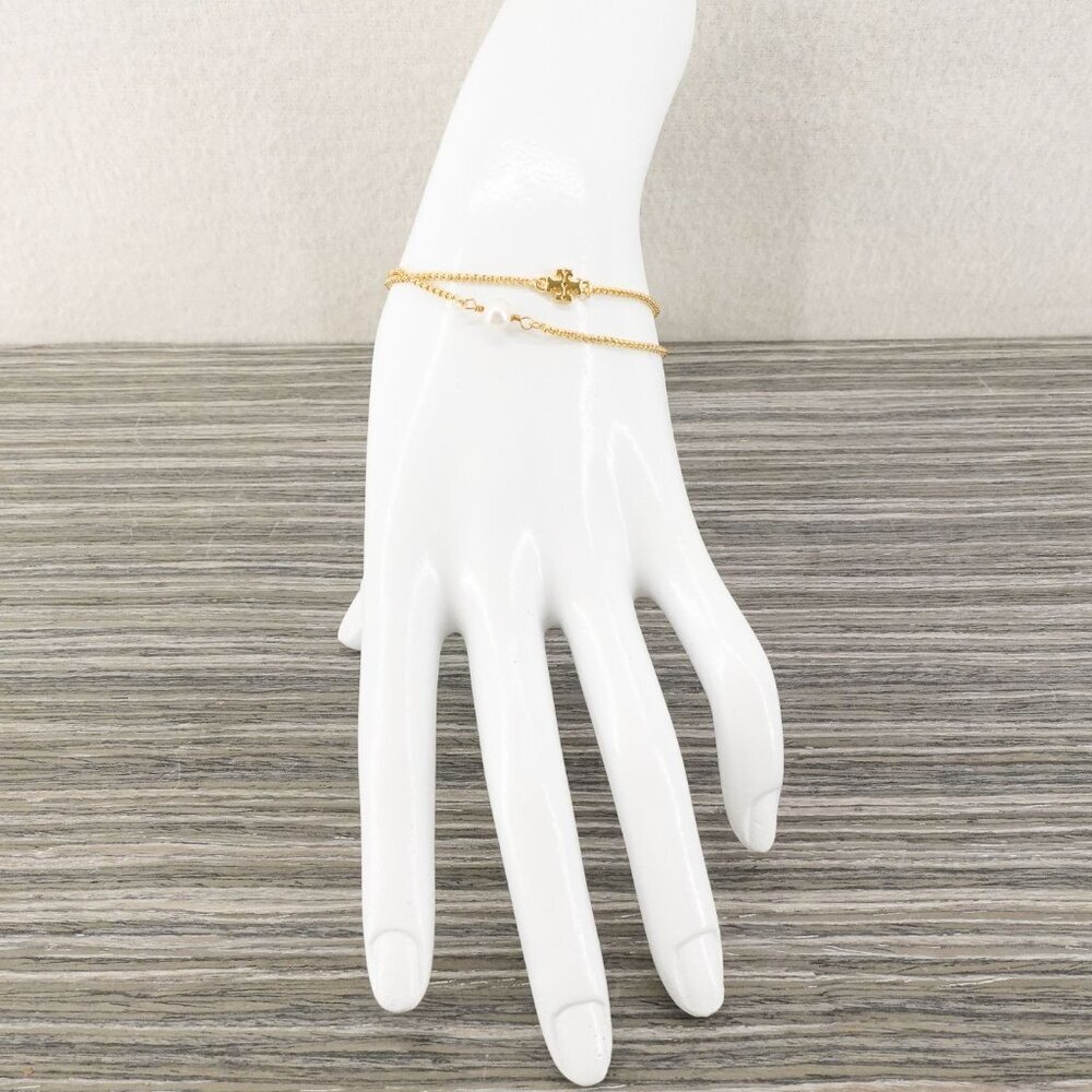 Tory Burch Logo Pearl Slider Adjustable Bracelet Gold OS - Picture 4 of 12